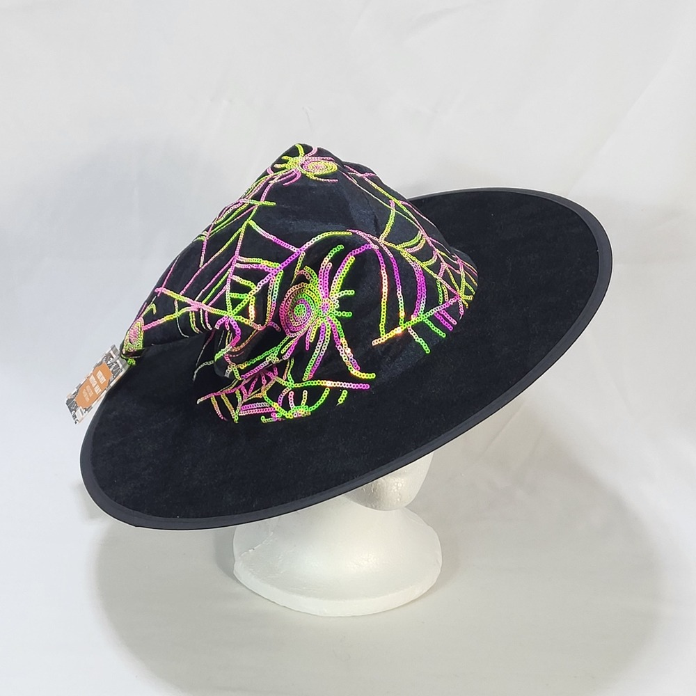 Velvet Witch Hat Adult Neon Sequin Shimmer Spider Web Black Halloween Costume